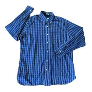 Peter Millar Crown Men Indigo Garment Dye LS Button Down Shirt Large Plaid Blue